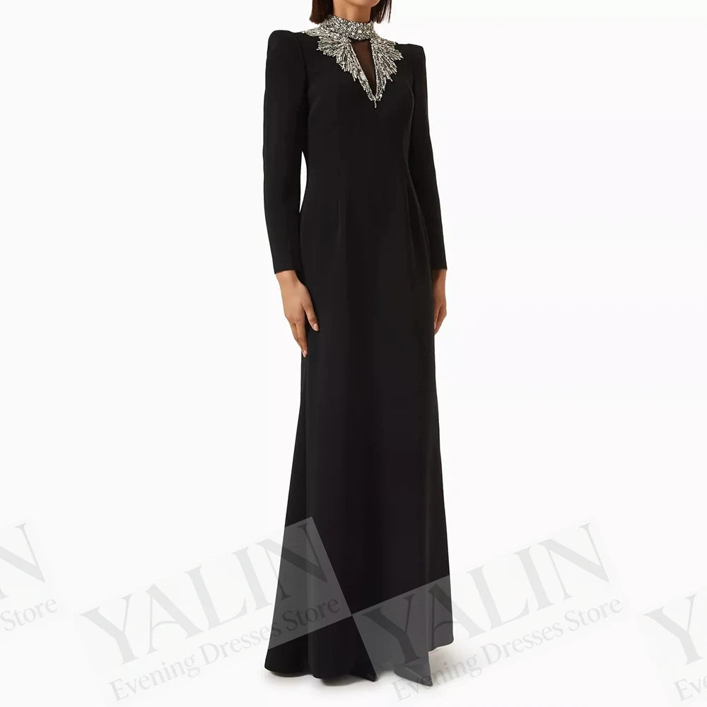 Crystal Simple High-Neck Full Sleeve Floor-Length A-Line Prom Dress Luxegan
