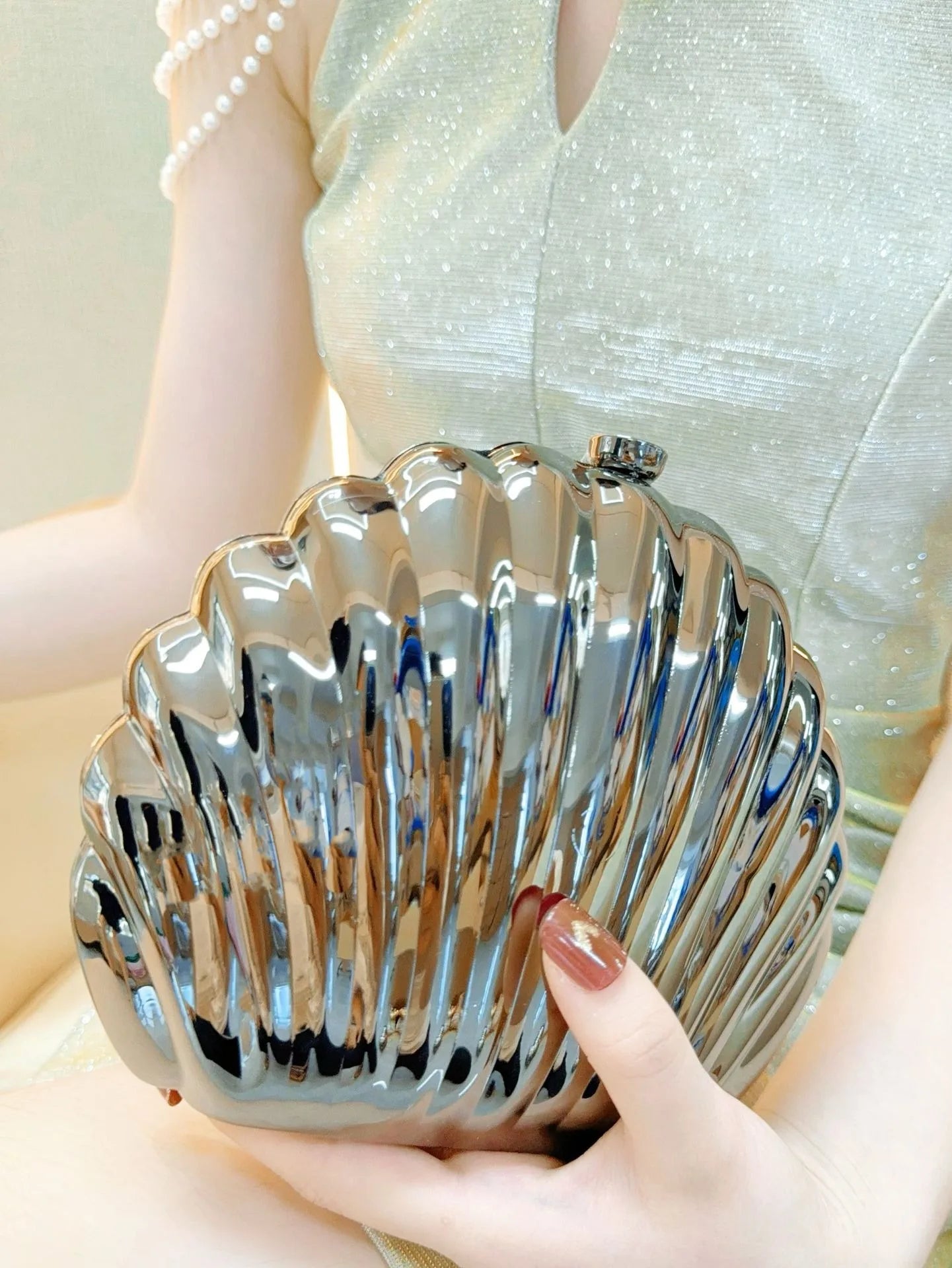 Acrylic Shell Evening Clutch | Cute Silver/Gold Designer Purse with Strap Luxegan