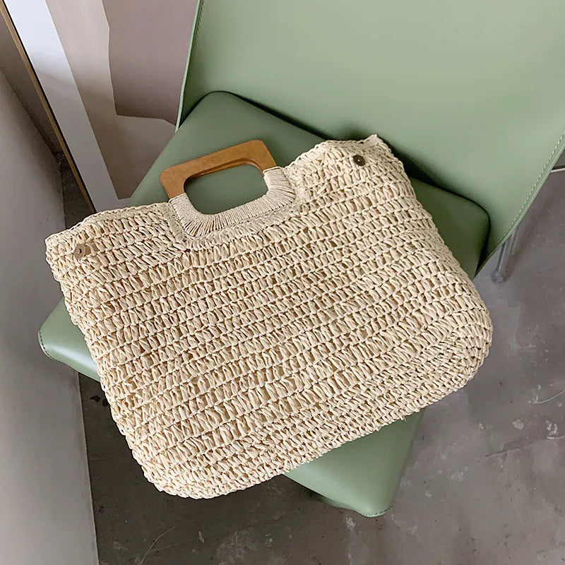Summer Woven Straw Handbag | Wooden Handle Bag & Large Capacity Beach Tote Luxegan