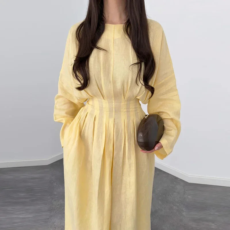 O-Neck Long Sleeve Lace-Up Draped A-Line Maxi Dress | Solid Casual Pleated Vacation Holiday Dress Luxegan