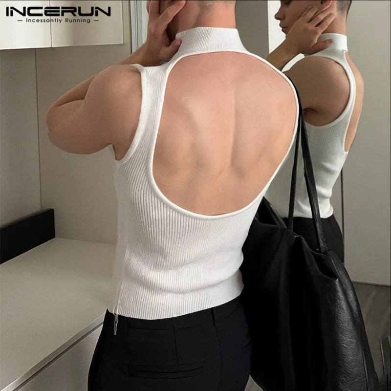 INCERUN Men Tank Tops Knitted Solid Color Turtleneck Sleeveless Male Vests Streetwear Hollow Out Backless Fashion Men Clothing