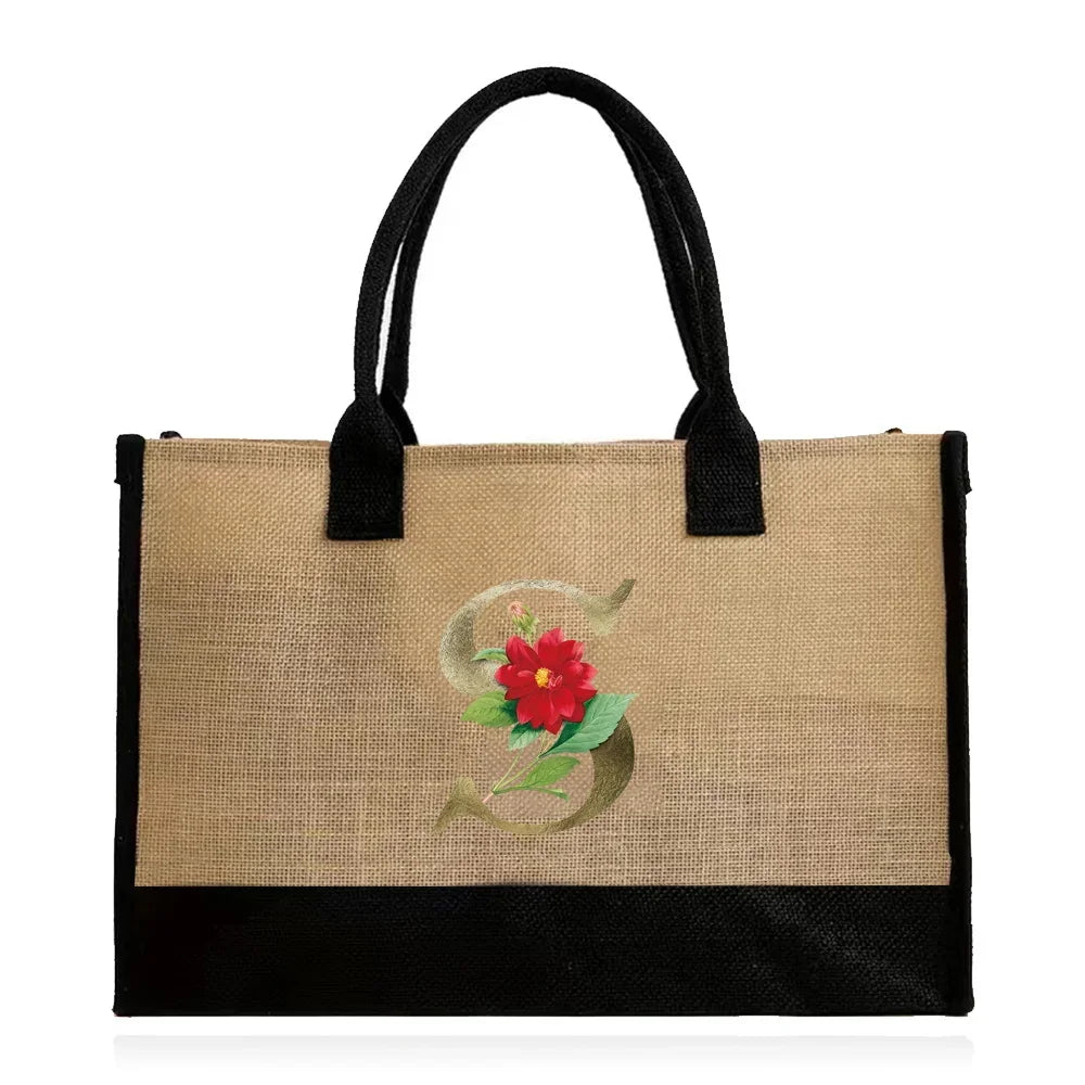 Handmade Jute & Canvas Beach Shopper | Large Capacity Portable Grocery Organizer | Eco-Friendly Woven Women’s Handbag with Golden Flower Pattern Luxegan