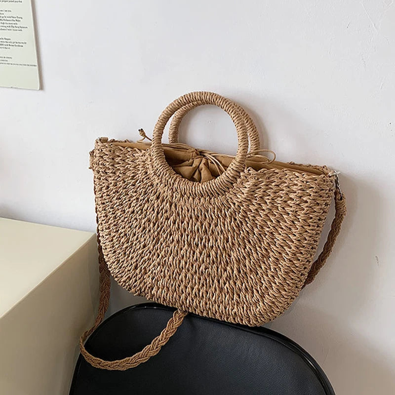 Straw Woven Handbags For Women | Handmade Travel Seaside Beach Bag | Summer New Handle Bucket Bag Shopping Tote Bag Basket Luxegan