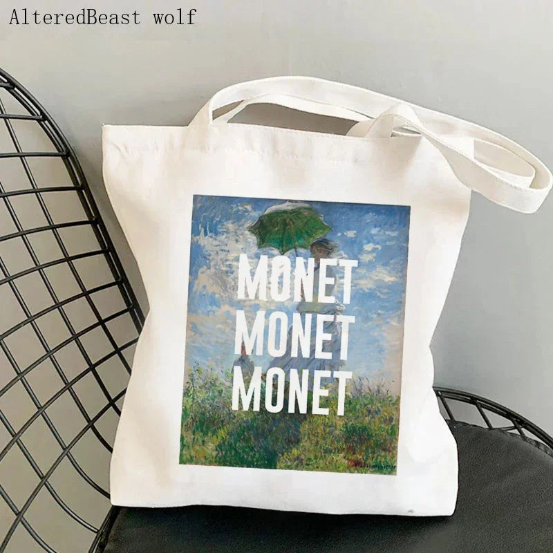 Monet Water Lilies Canvas Shoulder Bag | Sophisticated Kawaii Harajuku Shopping Tote | Elegant Art-Inspired Shopper Handbag | "Dignified" Durable Square Purse for Versatile Daily Styling Luxegan