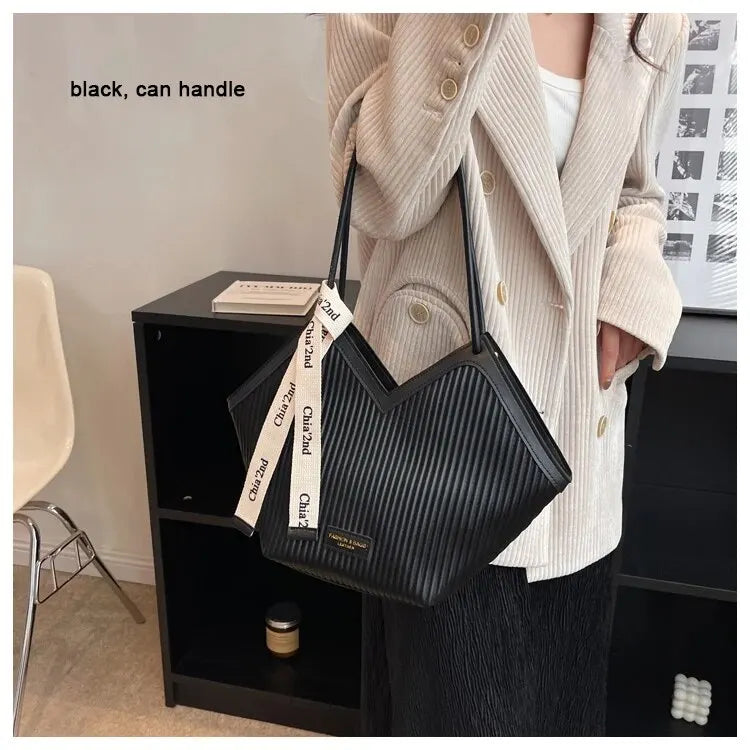 New Design Fashion Women's PU Leather Shoulder Bag | Solid Color HARD Tote Bag with Ribbon Decoration Luxegan