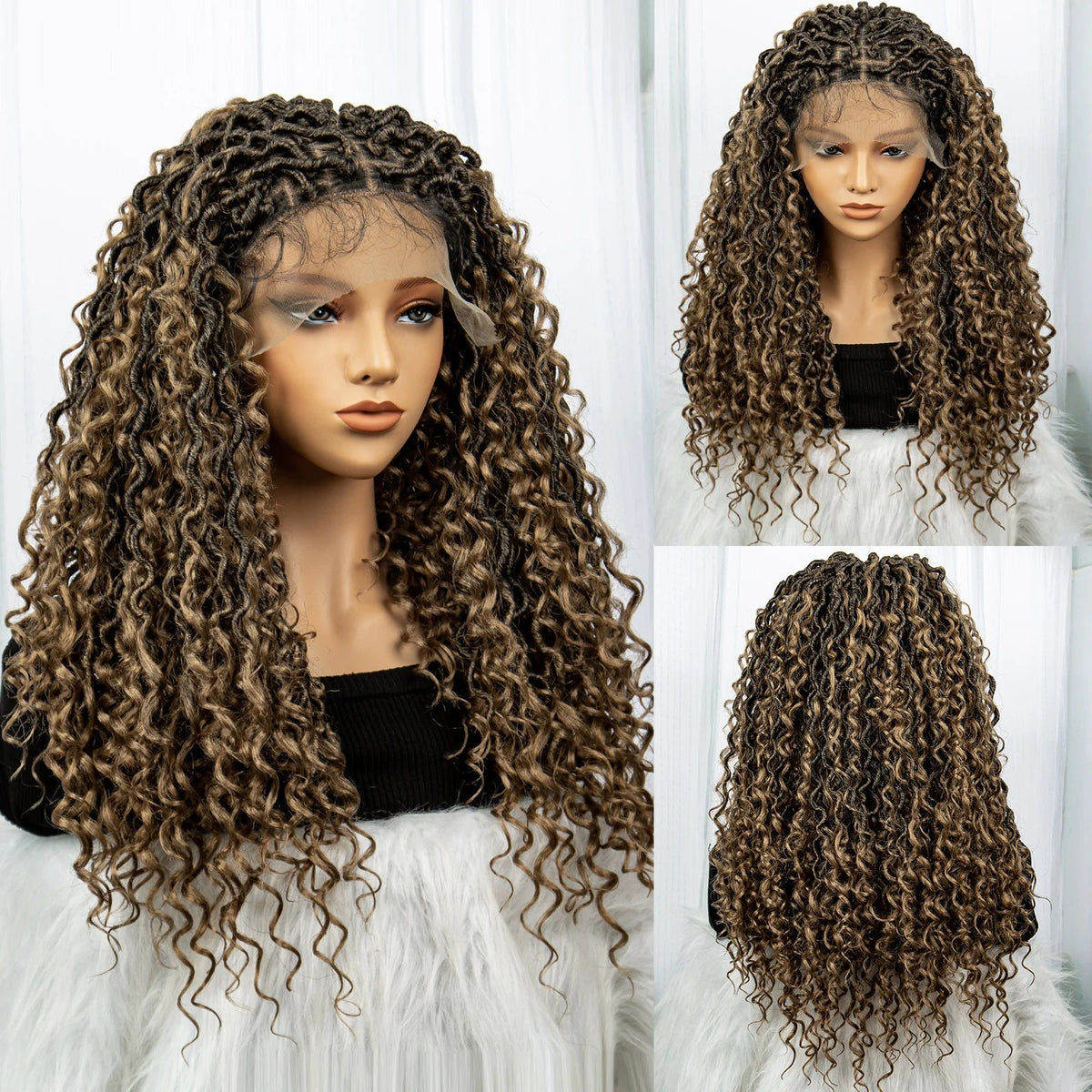 Faux Locs Braided Wigs Synthetic Dreadlock Braided Wigs With Curly Ends 26inch Lace Front Knotless Box Braids Wig with Baby Hair Luxegan