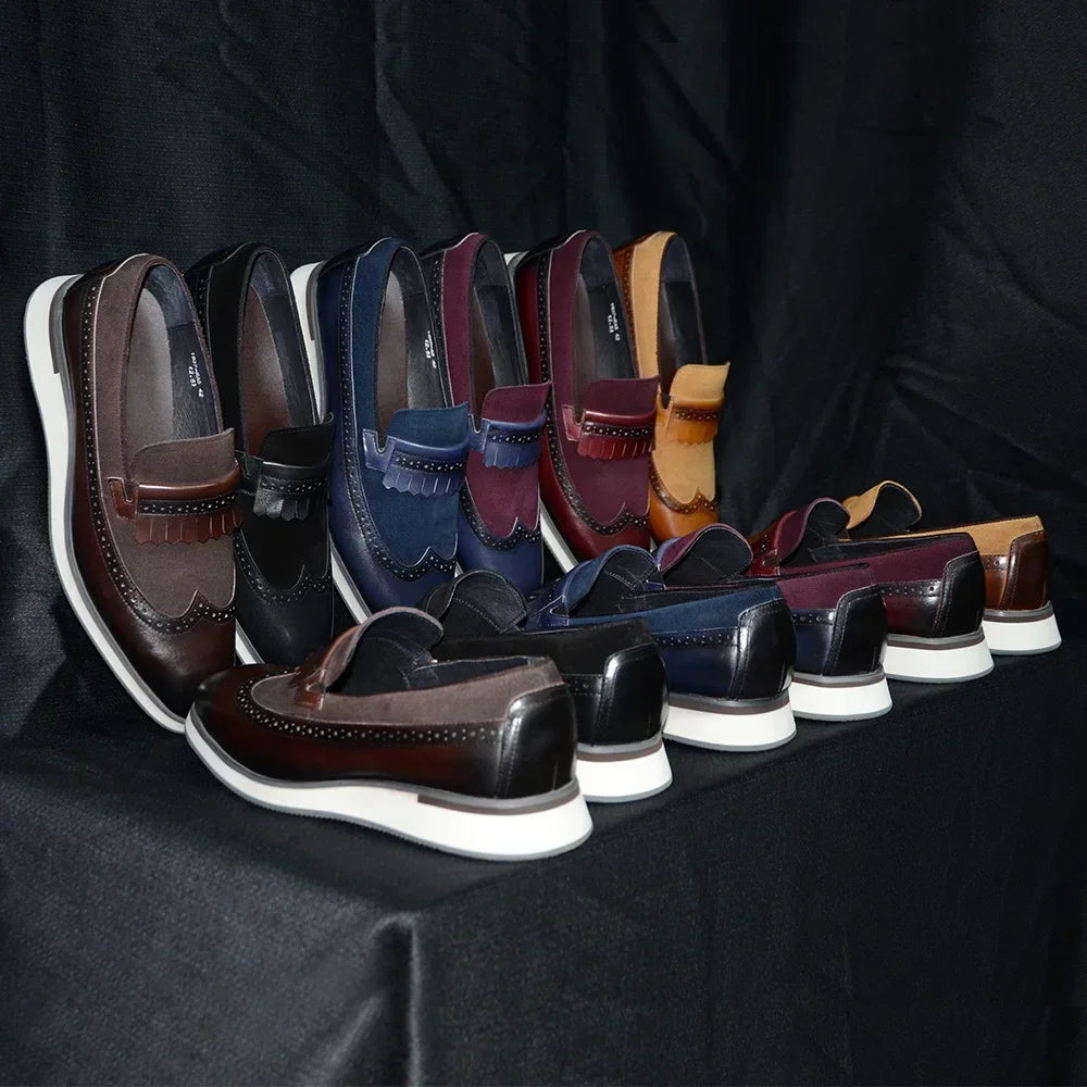 Many Colors Classy Men's Genuine Leather Tassel Loafers | Cow Suede Wingtip Brogue Casual Business Flats Luxegan