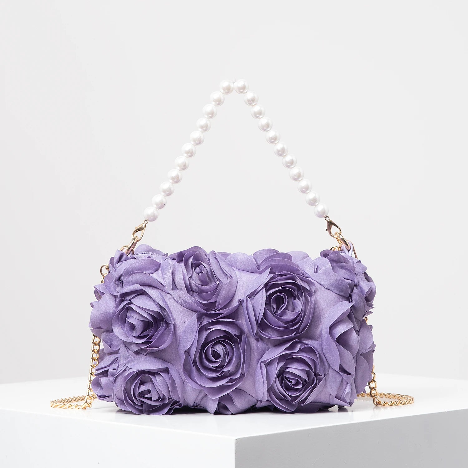 Polyester Floral Square Bag | Soft Elegant Rose Flower & Faux Pearl Dinner Clutch Luxegan