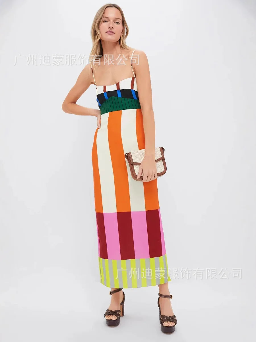 Patchwork Beach Style Square Neck Sleeveless Spaghetti Strap Slim Sheath Mid-Calf Dress – High-Stretch Polyester, Empire Waist, Summer Luxegan