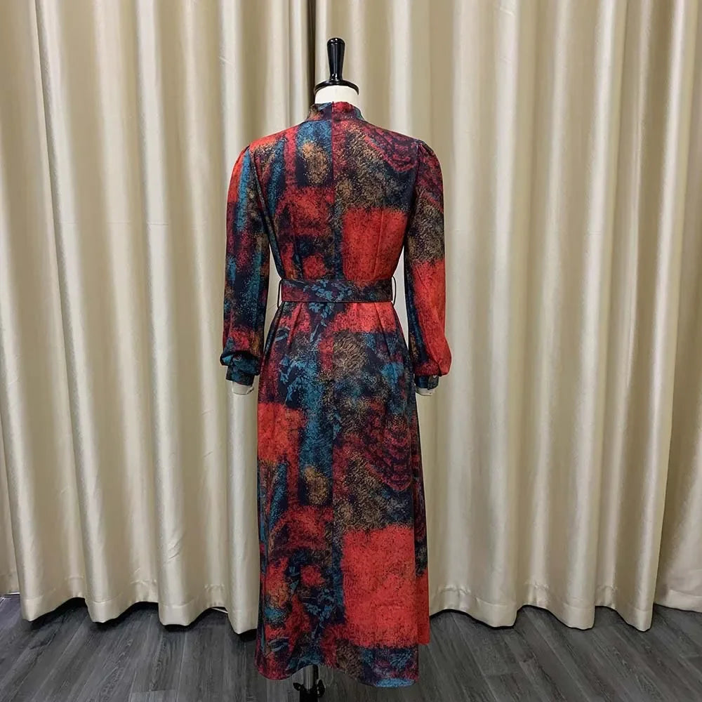 Elegant Vintage Dresses for Women Bow Collar Full Sleeve Belt Waisted A Line Mid Calf Birthday Party Dinner Vestidos Mujer Dress