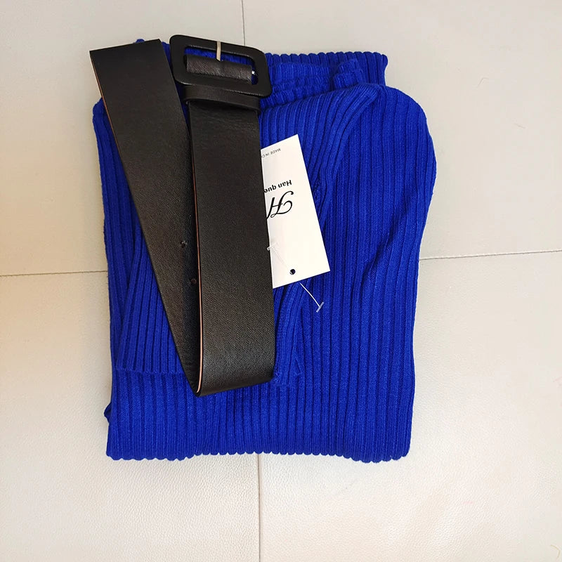 Turtleneck Knit Bodycon Midi Dress with Belt | Long Sleeve Pencil Sweater Dress Luxegan