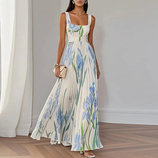 Floral Print Pleated Cami Maxi Dress – Square Collar, Spaghetti Strap, Empire Waist Luxegan