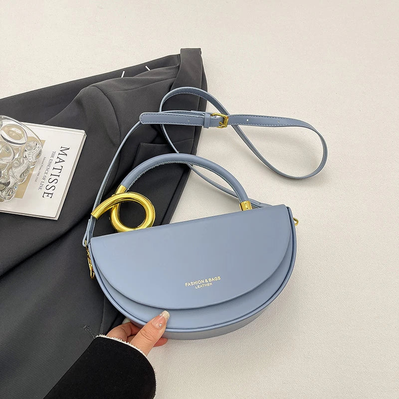 Designer Semicircle Saddle Crossbody | Small Hard PU Leather Handbag Luxegan