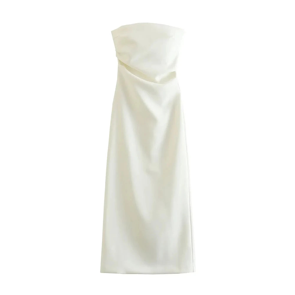 Strapless Gathered Straight-Neck Midi Dress | Solid Non-Stretch Back-Slit Cocktail Gown | Tailored Mid-Calf Regular Fit Dress Luxegan