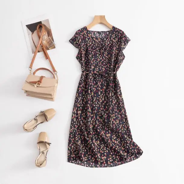 Print Round Neck Flare Sleeve Loose Straight Midi Dress – Mulberry Silk, Summer