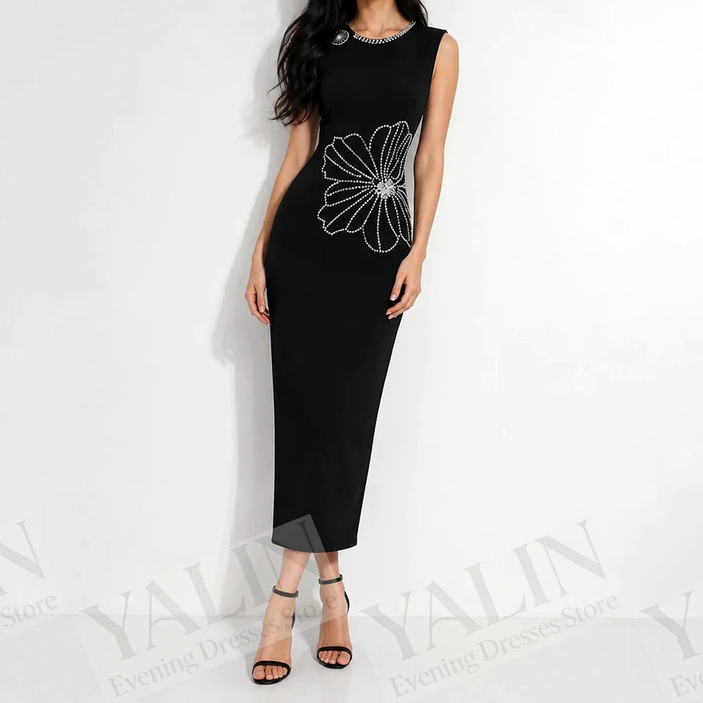 Crystal Floral Straight Evening Dress | O-Neck Sleeveless Tea-Length Prom Gown Luxegan