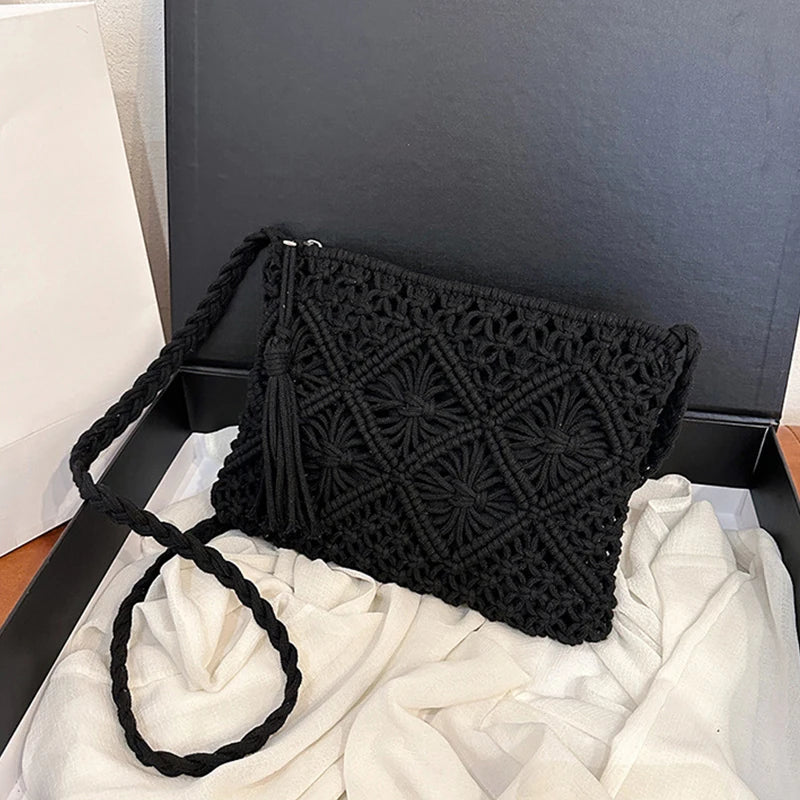 Designer Hollow Out Woven Straw Bag | Fashion Bohemian Summer Crossbody & Shoulder Bag with Tassels Luxegan