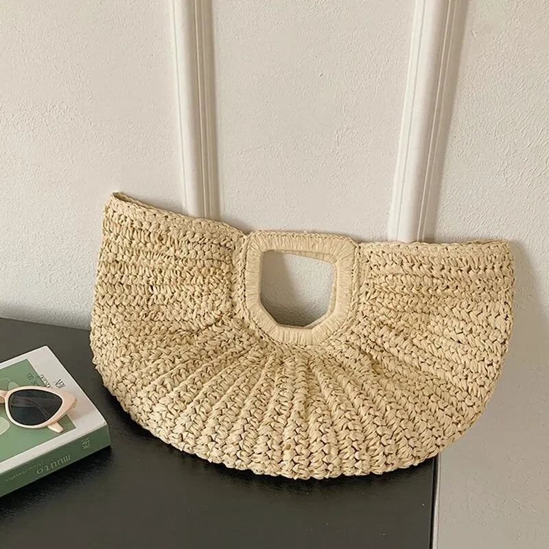 Summer Half-Moon Straw Beach Handbag | Sophisticated Handmade Rattan Handle Tote | Elegant Knitted Bohemian Shoulder Bag | Luxury Fashion-Forward Vacation Purse with "Dignified" Artisan Texture Luxegan