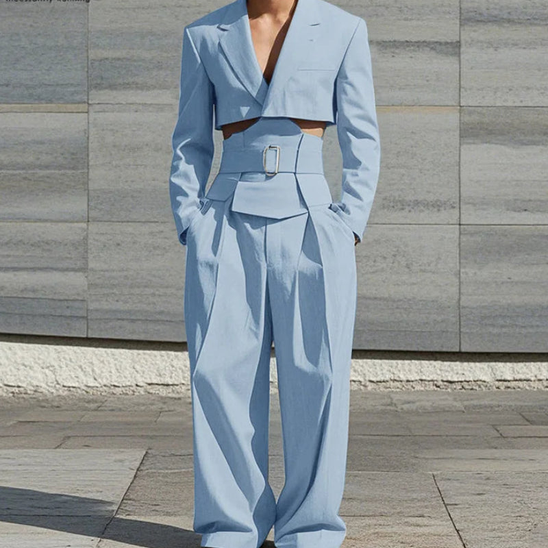 Cropped Waistband Design Suit Set | Sophisticated Wide-Leg Long Pant Silhouette | Elegant "Full Opening" 2-Piece Ensemble | "Dignified" Vintage Solid Suit for Radiant Versatile Styling Luxegan