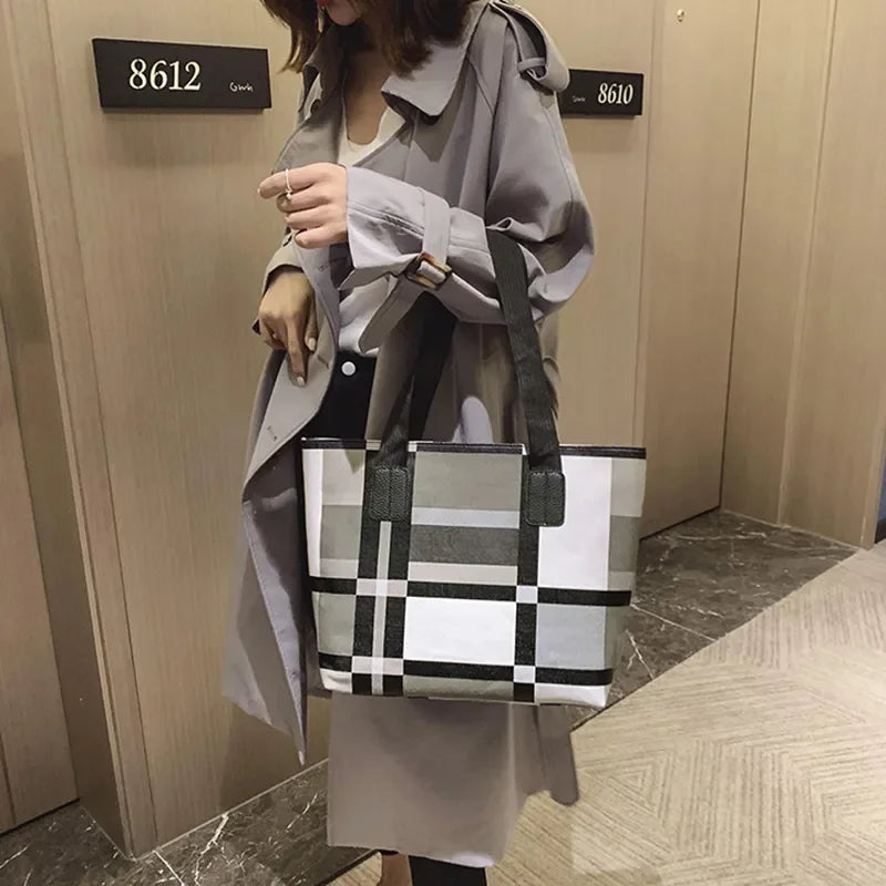 Large Capacity PU Leather Patchwork Tote | Soft Shoulder Shopping Bag Luxegan