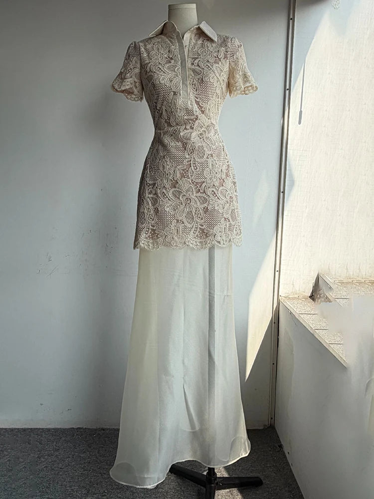 Lapel Lace Hollow Out Gauze Patchwork Short Sleeve Maxi Dress | Elegant A-Line Evening Party Dress Luxegan