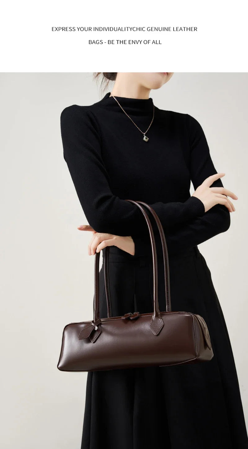 New Genuine Leather Women's Shoulder Bag | Large Capacity Cowhide Luxury Handbag (Long Strip Wine Red Baguette Bag) Luxegan