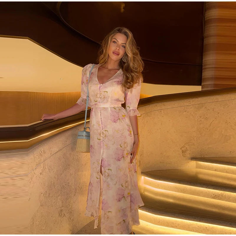 Organza Floral Printed Maxi Dress V-Neck  Puff Sleeve 2026 Spring/Summer Romantic Women Party Gown Fashion Elegant Lady Vestidos