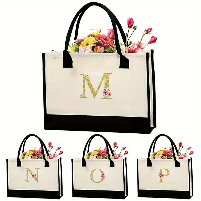 Canvas Gold Letter Fashion Tote Bag | Trendy Metallic Initial Handbag | Large Capacity Canvas Shopping Bag & Daily Satchel for Women Luxegan