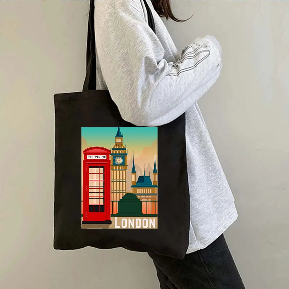 London Big Ben England Map Flag Canvas Tote Bag | UK City Landscape Skyline Shoulder Shopping Handbag (Women's Tourist Gift) Luxegan