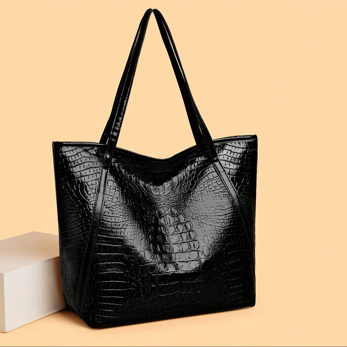 Large Stylish Black Crocodile Print PU Tote Bag for Women Luxegan