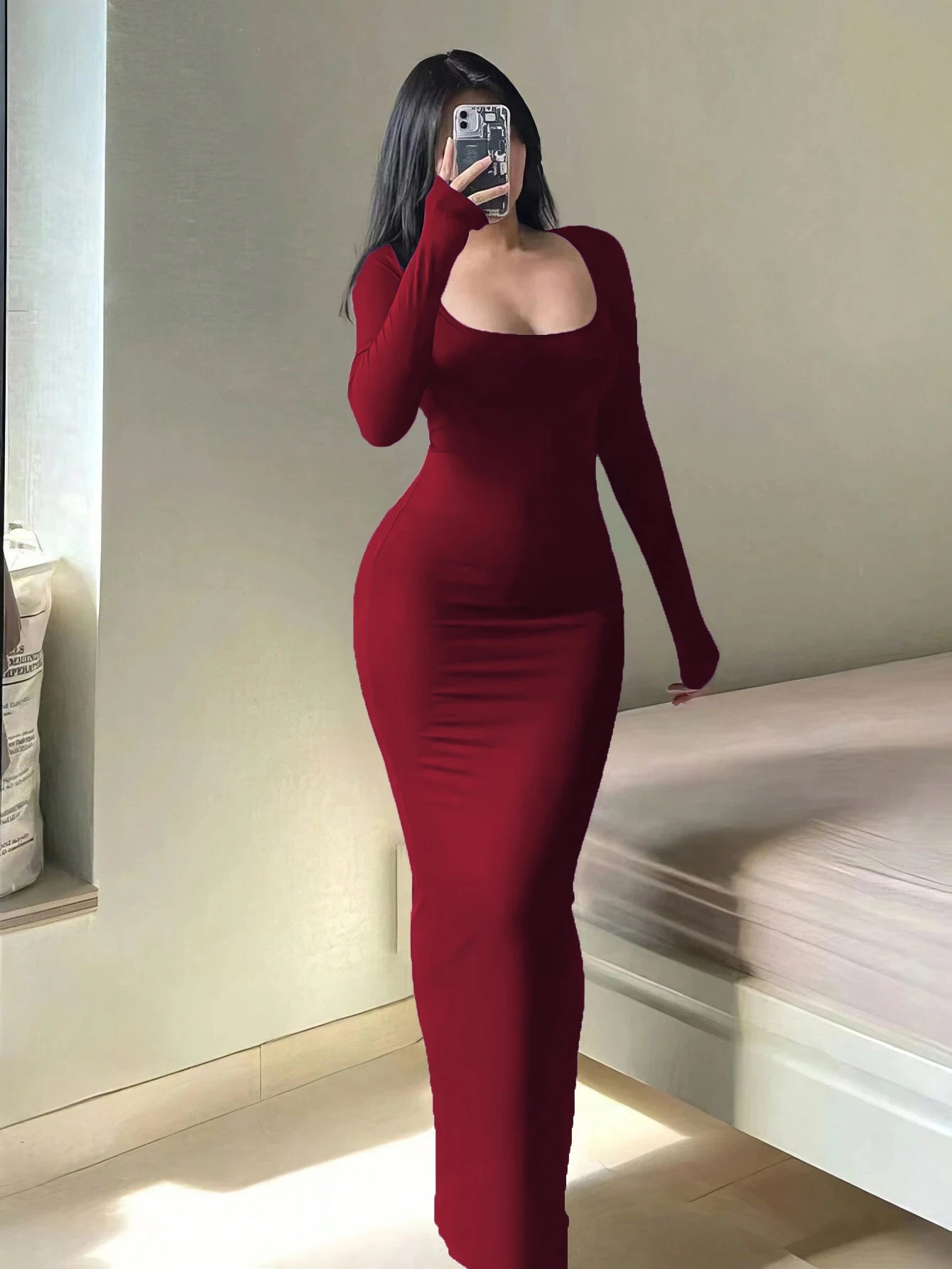 Plus Size Solid Square-Neck Evening Gown | Extra Lengthy Tight-Fitting Maxi Dress | Long-Sleeve Slim-Fit Knit Sexy & Club Dress Luxegan