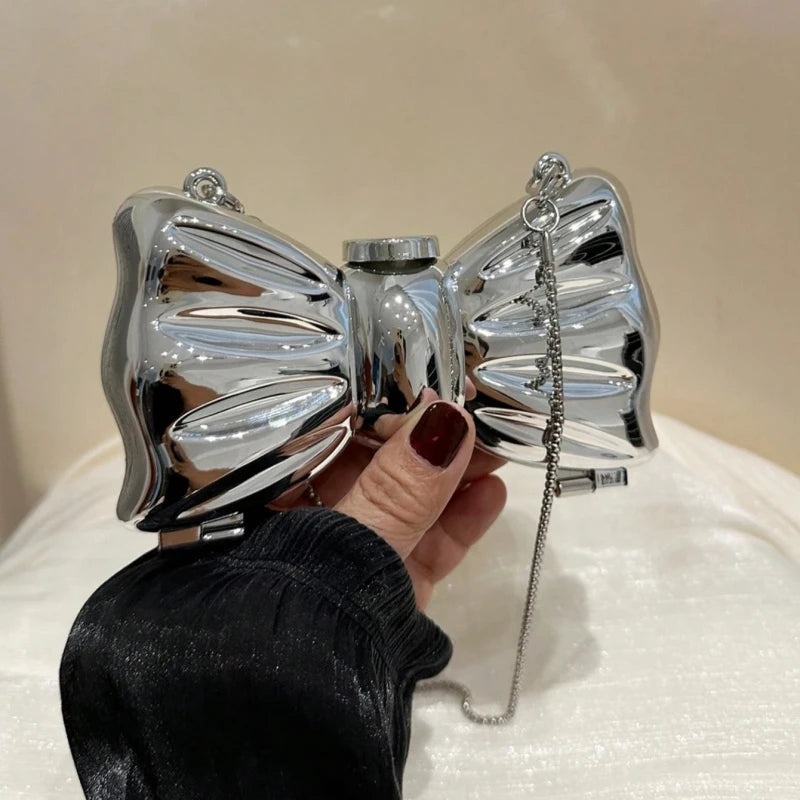 Personalized Fashion Mini Electroplated Silver Metal Bow Clutch | Shiny Cosmetic Chain Crossbody Bag & Coin Wallet (Minaudière) Luxegan