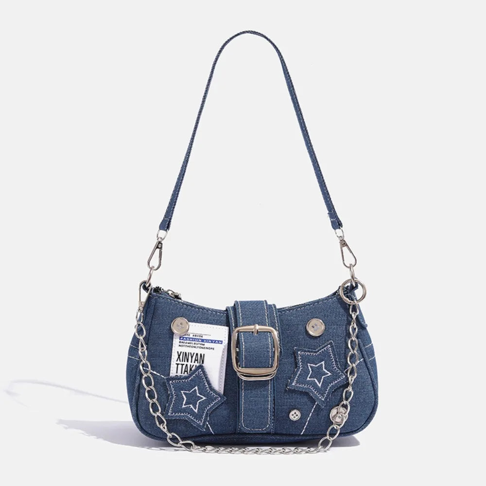 Y2K Fashion Women's Underarm Bag | Cool Girls Stars Pattern Canvas Handbag | Trendy Small Shoulder Bag with Chain Detail | Fashionable Party Tote & Star Print Purse Luxegan