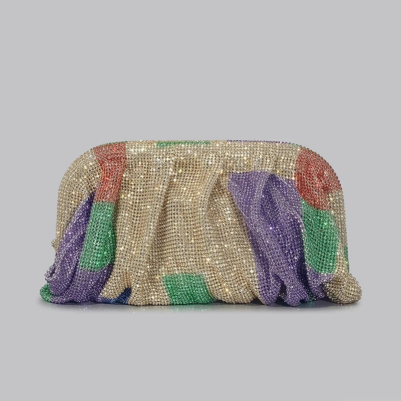 Shiny Ruched Rhinestone Evening Clutch | Designer Gradient Love Hearts Party Bag | Sparkling Diamond Encrusted Female Purse | Luxury Metallic Fashion Clutch for Weddings & Gala Events Luxegan