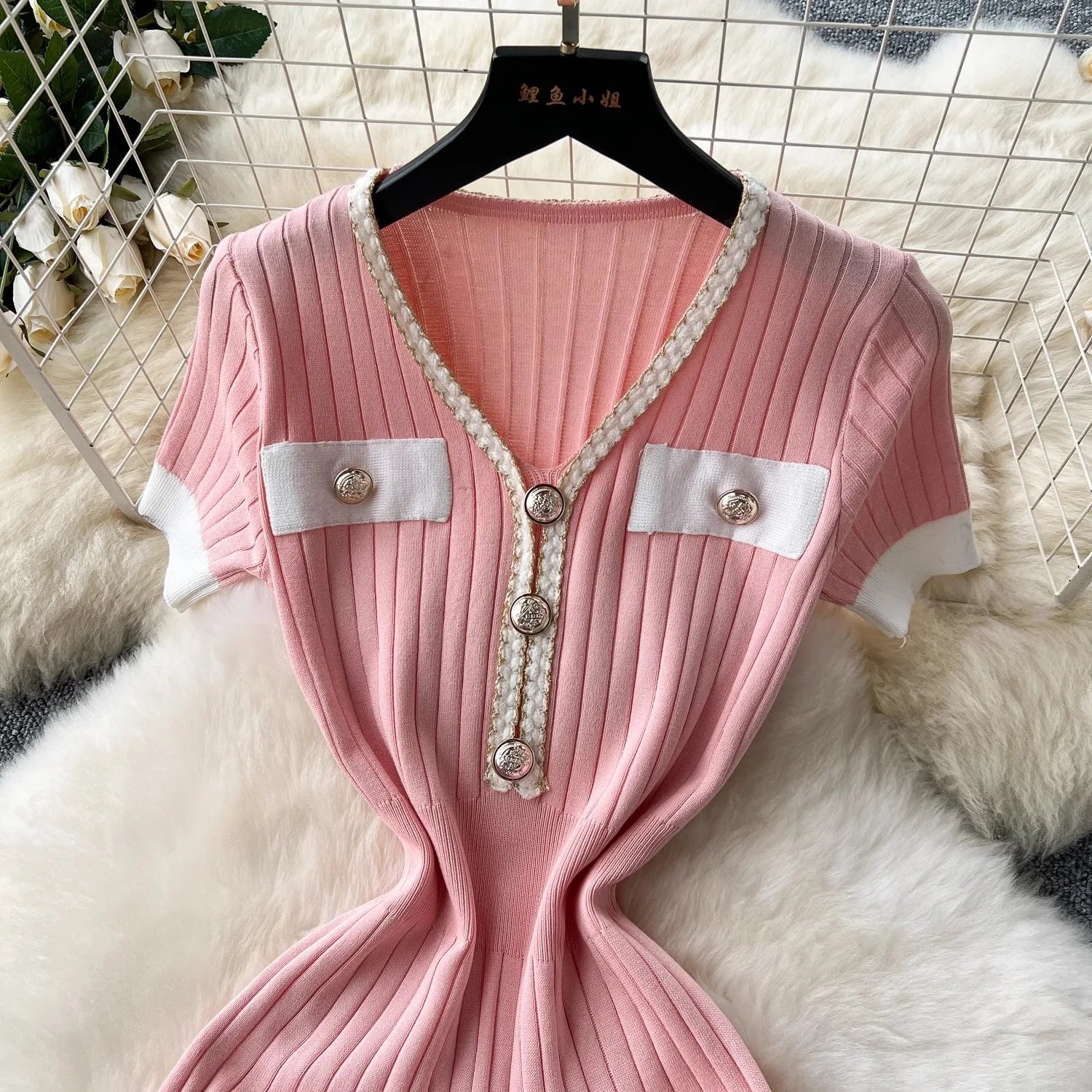 Women's Elegant Ribbed Knitted Mermaid Dress | Slim Fit V-Neck Button Sweater Dress | Office Lady Medium Stretch Bodycon Gown | Premium Short-Sleeve Mini Trumpet Vestido Model OU2403 Luxegan