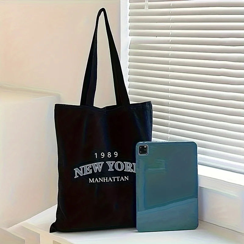 New York Print Women's Canvas Tote Bag | Classic Large Capacity Shopper | Sustainable Square Canvas Shoulder Bag & Handbag Luxegan