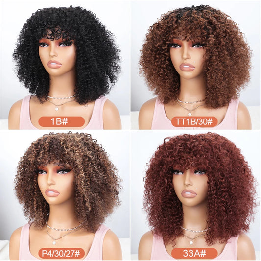 Ginger Highlight Afro Kinky Curly Human Hair Bob Wig with Bangs - 250% Density Full Machine-Made Glueless Short Wig - 100% Brazilian Remy Human Hair P4/27 & Ginger Jerry Curly Fringe Wig for Women Luxegan