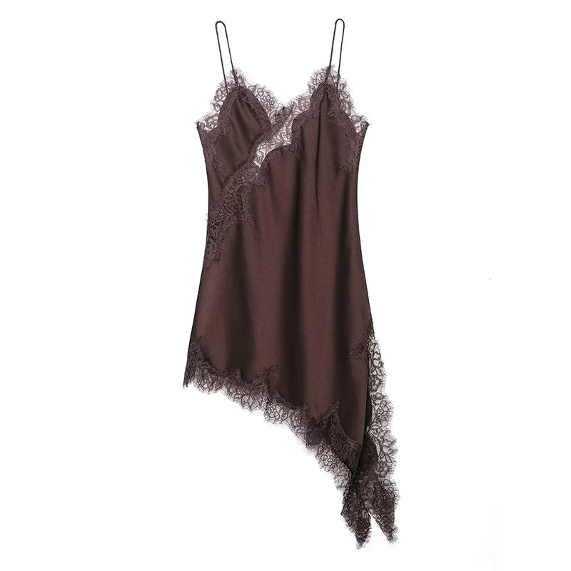 Square Collar Lace-Up Satin Spliced Mini Dress | Sleeveless Backless Asymmetric A-Line Party Dress Luxegan