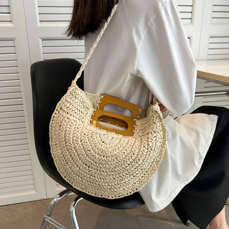 Minimalist Bohemian Half-Moon Straw Tote | Soft Rattan Beach Handbag Luxegan
