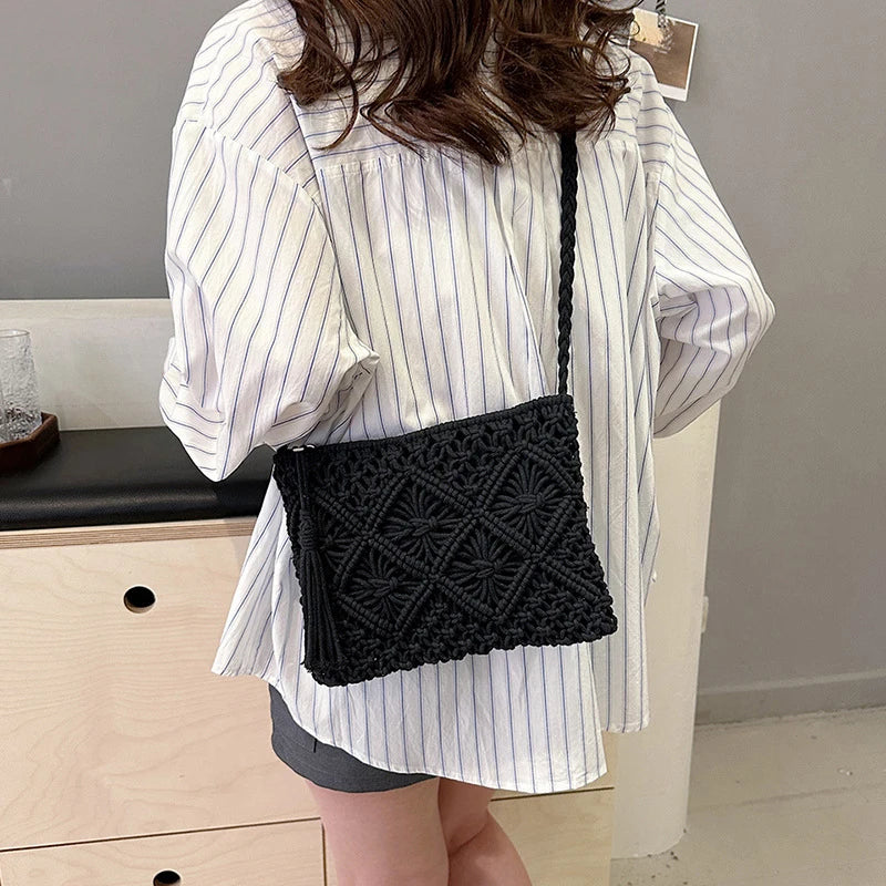 Designer Hollow Out Woven Straw Bag | Fashion Bohemian Summer Crossbody & Shoulder Bag with Tassels Luxegan