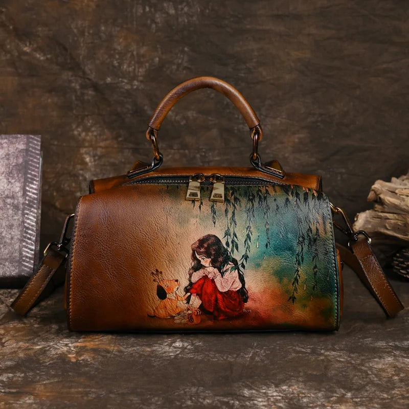 Vintage Women Luxury Leather Handbag For Female Bag Luxury Designer Hand Drawn Cartoon Pattern Ladies Shoulder Bags Luxegan