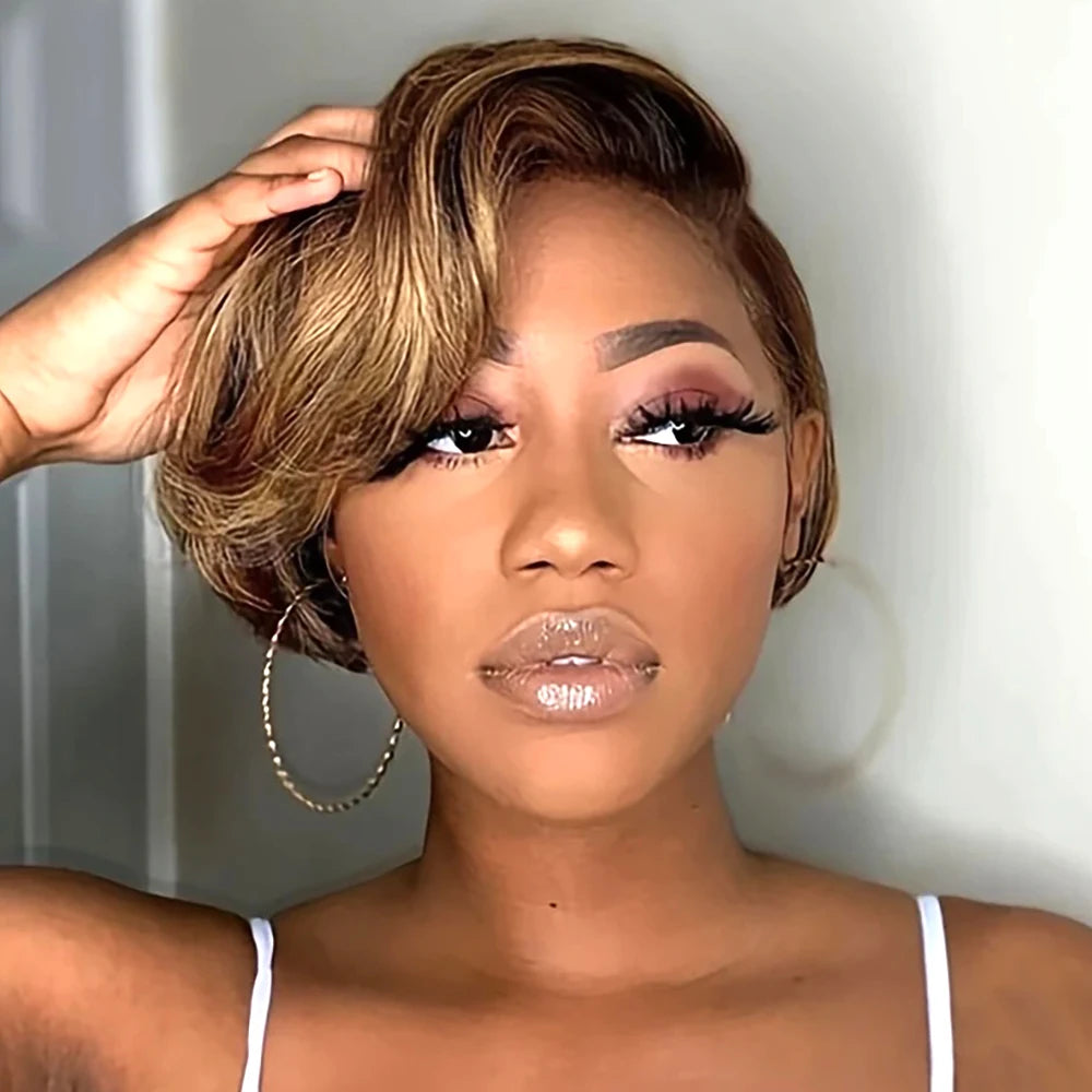 Short Pixie Cut Wavy Bob Wig | 13x4 Transparent Swiss Lace Frontal Wig | 100% Brazilian Remy Human Hair Highlighted Pixie Bob Wig with Pre-Plucked Hairline for Women Luxegan