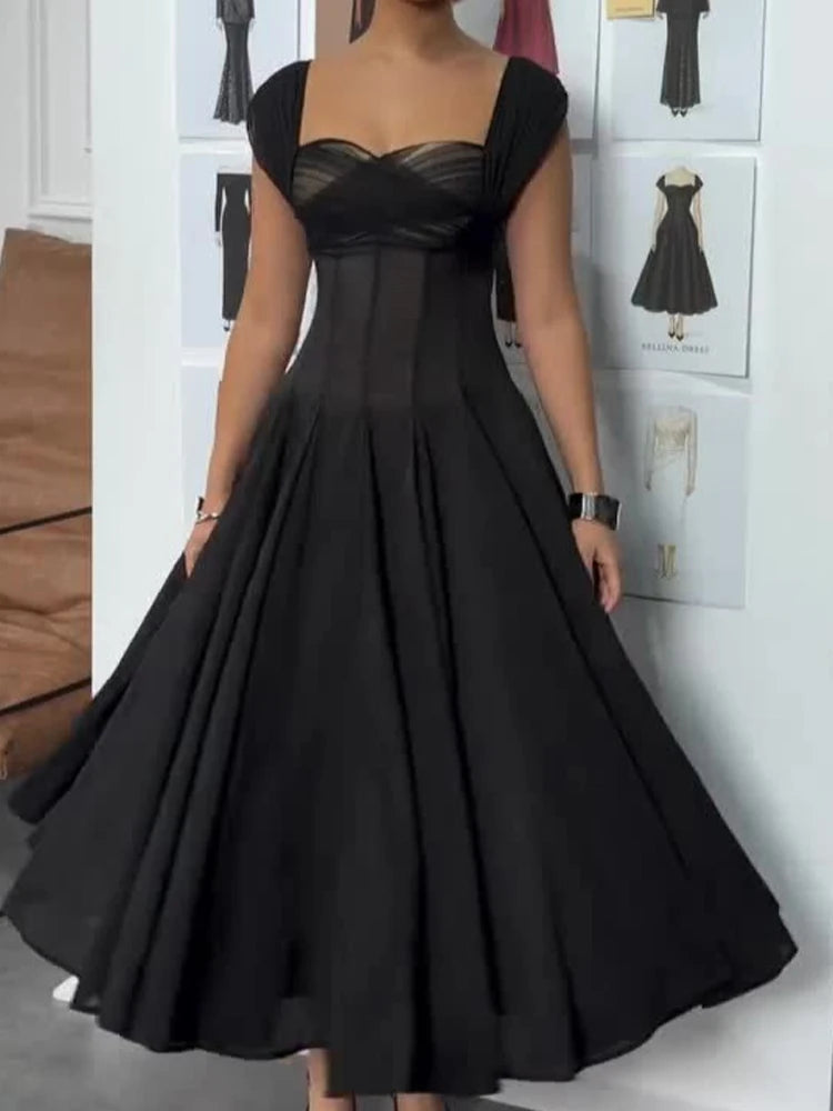 Solid Slash Neck Sleeveless Ruffle Detail Regular Fit A-Line Ankle-Length Dress – Natural Waist, All Season Luxegan