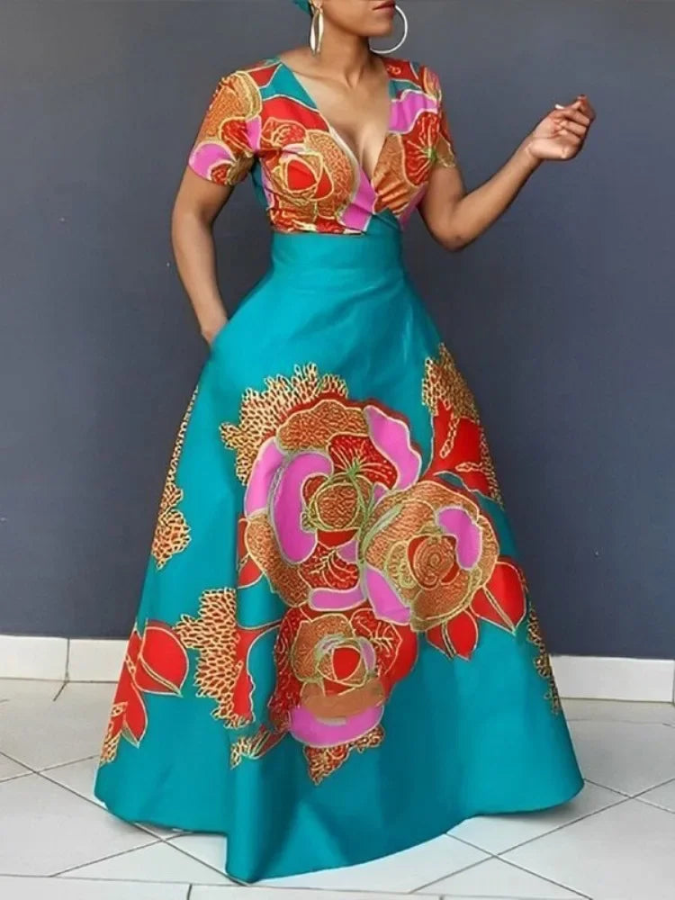 Floral Printed Party Dress | Sophisticated High-Waist A-Line Gown | Elegant "V-Neck" Silhouette | "Dignified" Floor-Length Summer Fashion for Radiant Versatile Party & Social Styling Luxegan