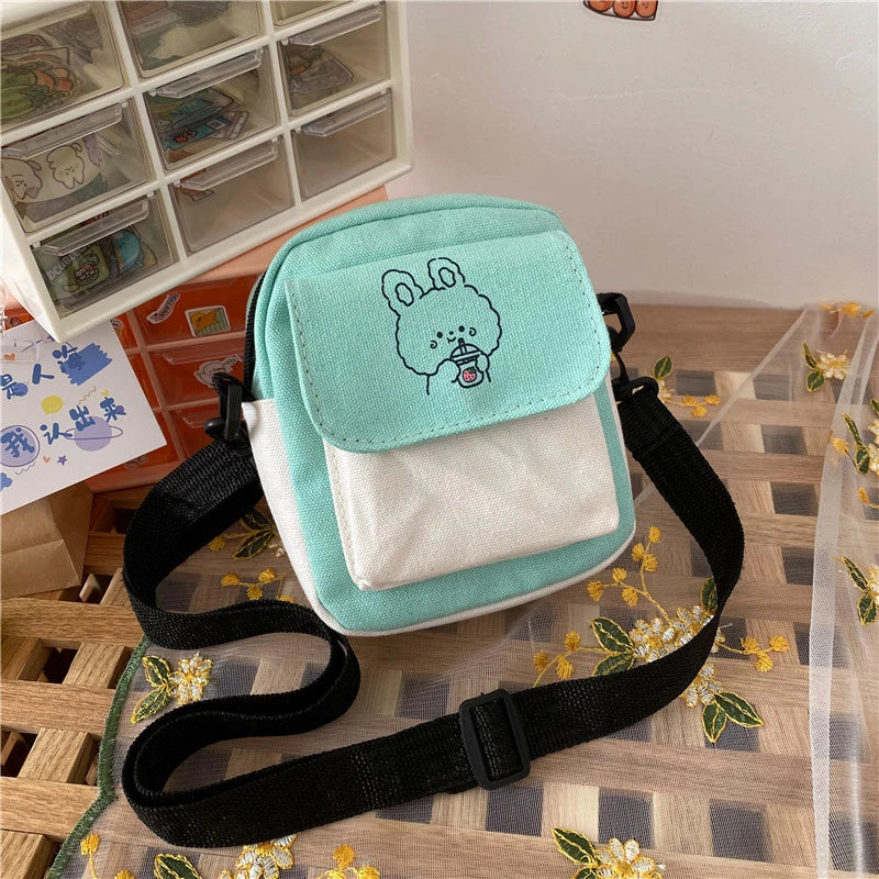 Korean Fashion Canvas Shoulder Bag | Small Messenger Crossbody for Girl Students | Sophisticated Cartoon Aesthetic Cotton Cloth Handbag | Fashion-Forward Square Canvas Bag for Daily Study & Leisure Luxegan