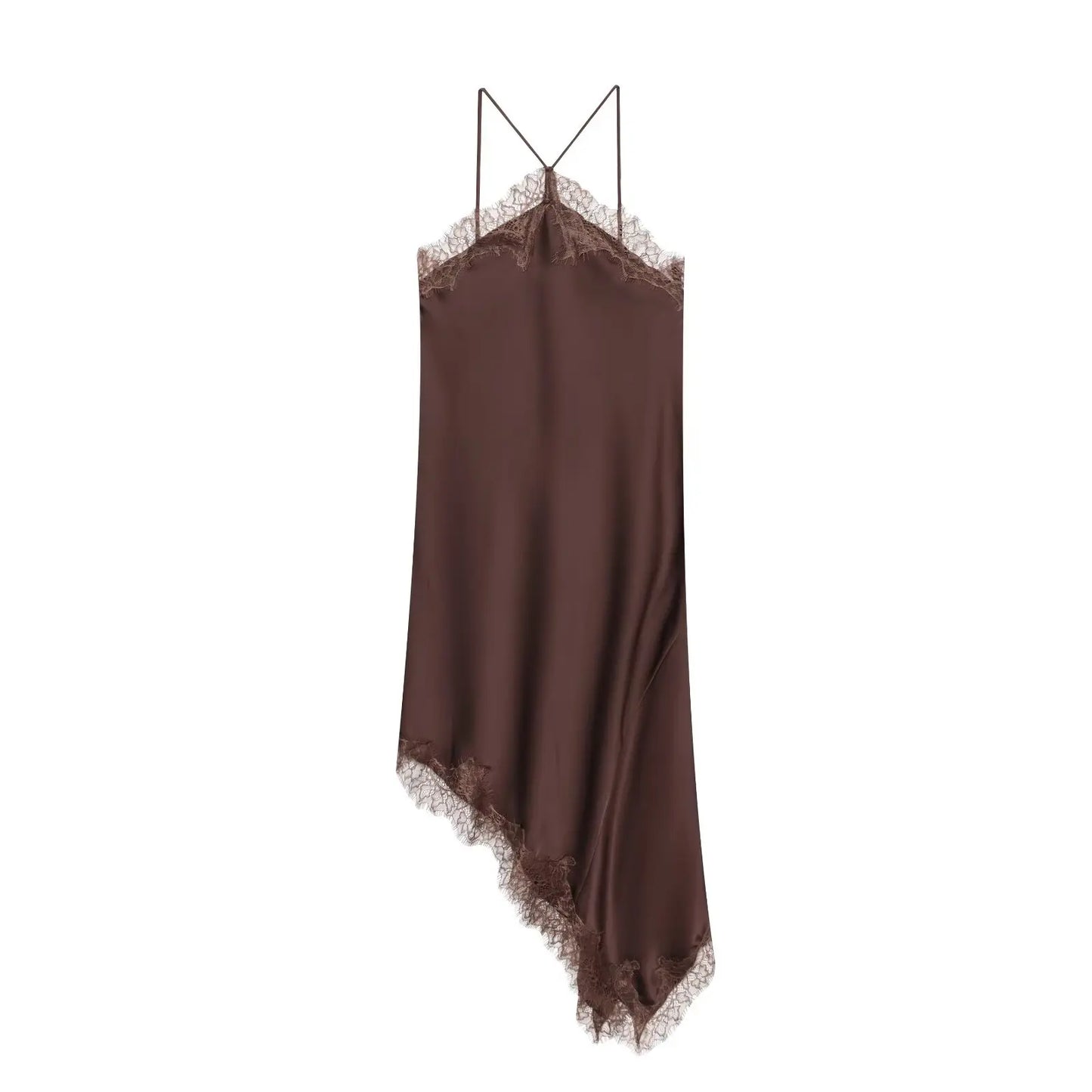 Lace Trim Satin-Texture Halter Midi Dress | Sexy Asymmetric Loose-Fit Camisole | Spring/Summer Slight Stretch Club Dress Luxegan