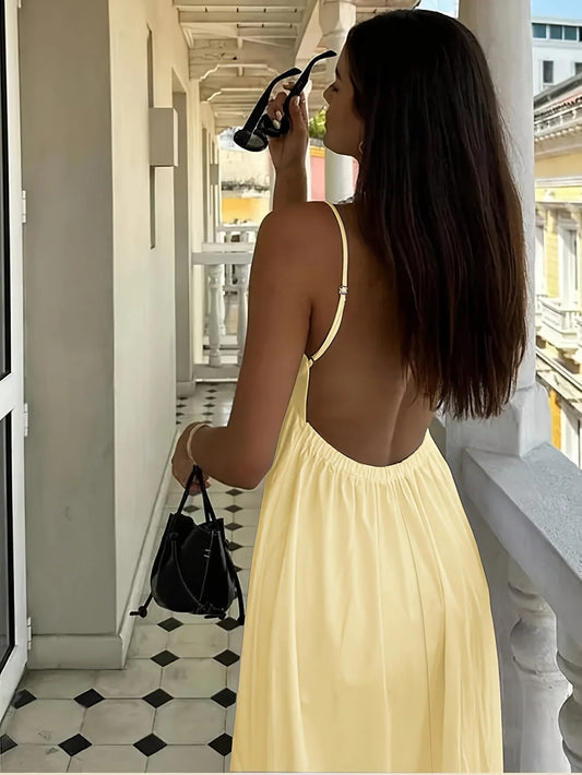 Spaghetti Strap V-Neck Backless Loose Maxi Dress | Solid Sleeveless Casual Vacation Summer Dress - view 2