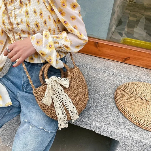 Hand-Woven Moon Shape Straw Handbag | Sophisticated Lace Bow Rattan Bag for Women | Large Capacity Bohemian Crossbody | Elegant Knitting Pattern Beach Bag with Drawstring Closure Luxegan