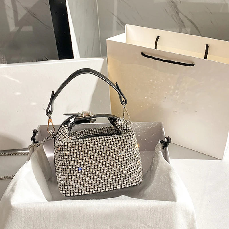 Luxury Designer Brand Silver Clutch Purse | Women's Evening Banquet Bag & Crystal Rhinestone Shoulder Bag (Fashion Handbags) Luxegan
