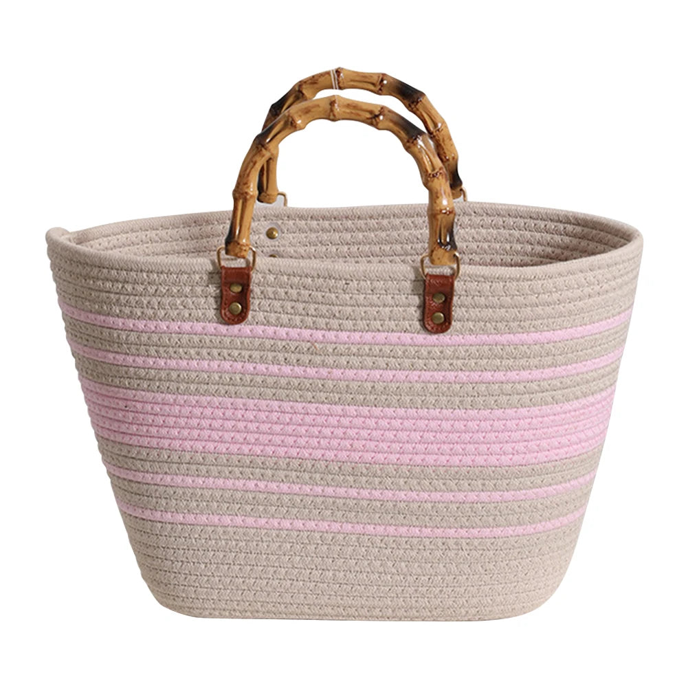 Exquisite Striped Cotton Woven Handbag | Large Capacity Women’s Weaving Bag with Bamboo Handles | Fashionable Beach Vacation Tote | Portable Seaside Party Handbag Luxegan